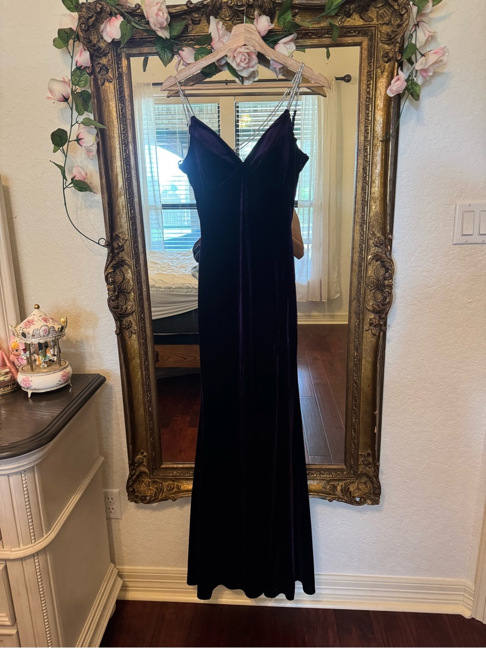 BCBG Eggplant Velvet Evening Dress with Crystal Straps